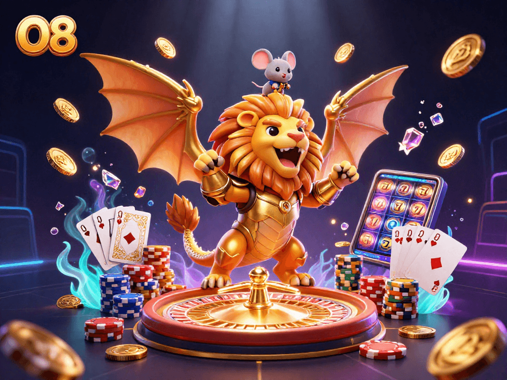 Experience O8's thrilling gameplay with a golden chimera, coins, and casino elements.
