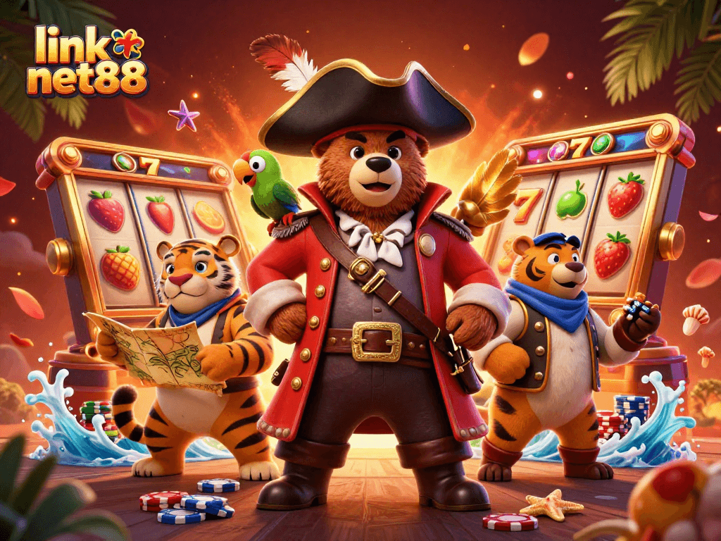 Join the adventure with the link net88 pirate captain bear, fierce tiger, and golden parrot in a thrilling casino scene.