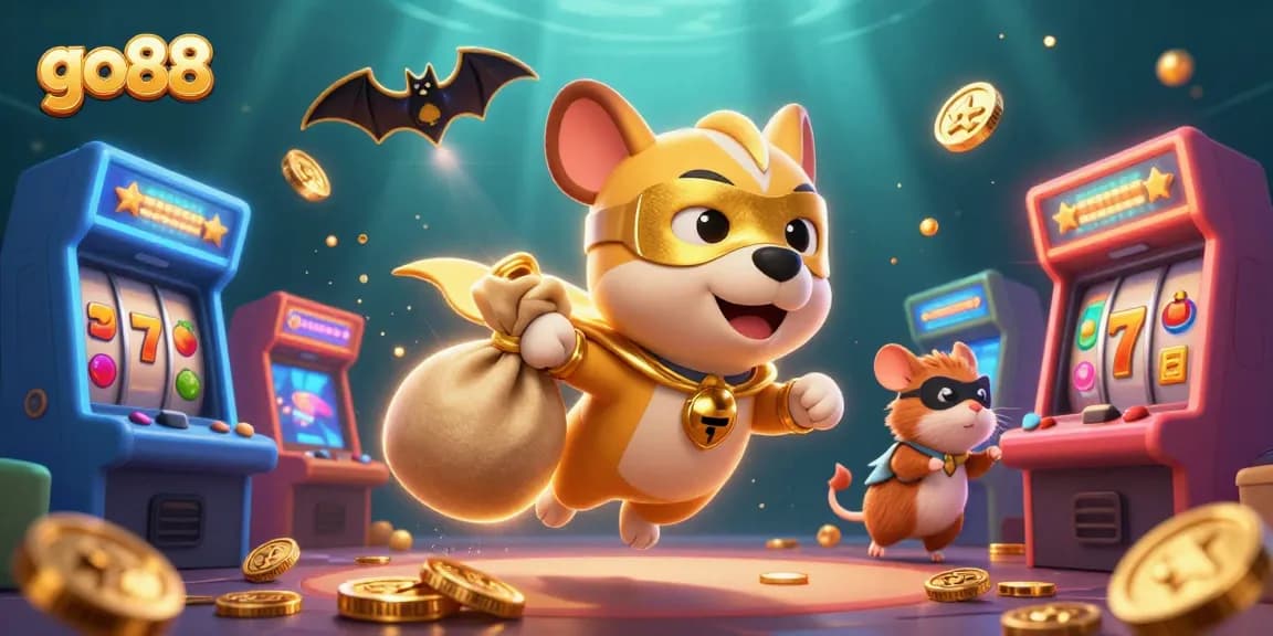 go88 engages players with a thrilling cartoon scene of a superhero dog and hamster in a casino adventure.