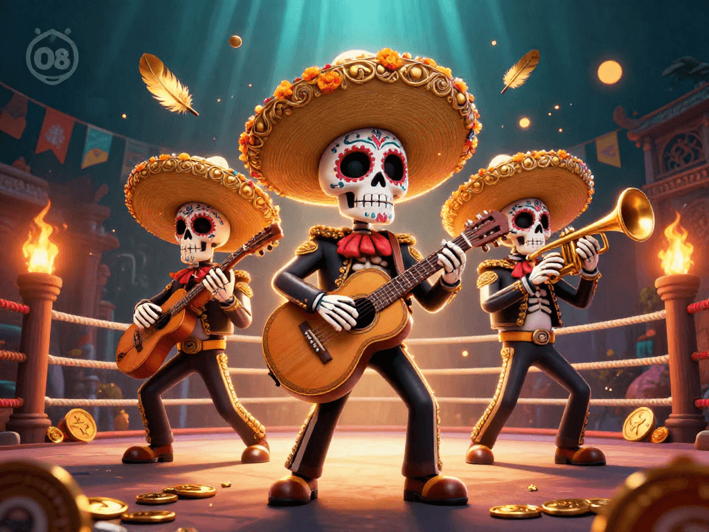 Engage with O8's vibrant casino action featuring bone-shaking mariachi skeletons in a lively gaming scene.
