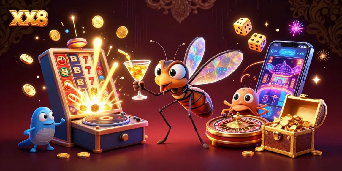 Spin to win with XX8: A thrilling casino scene featuring a unique mascot and vibrant elements.