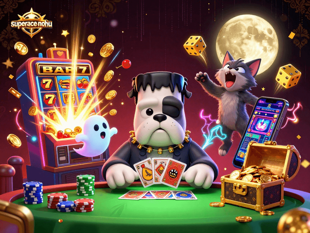 Engage with superace-nohu through vibrant 3D casino illustration featuring characters and dynamic slot game elements.