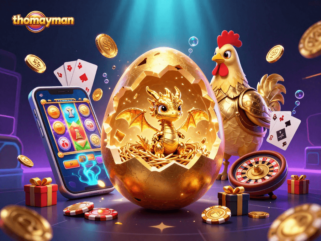 Spin to win with thomayman in this vibrant casino scene featuring a golden dragon and slot elements.