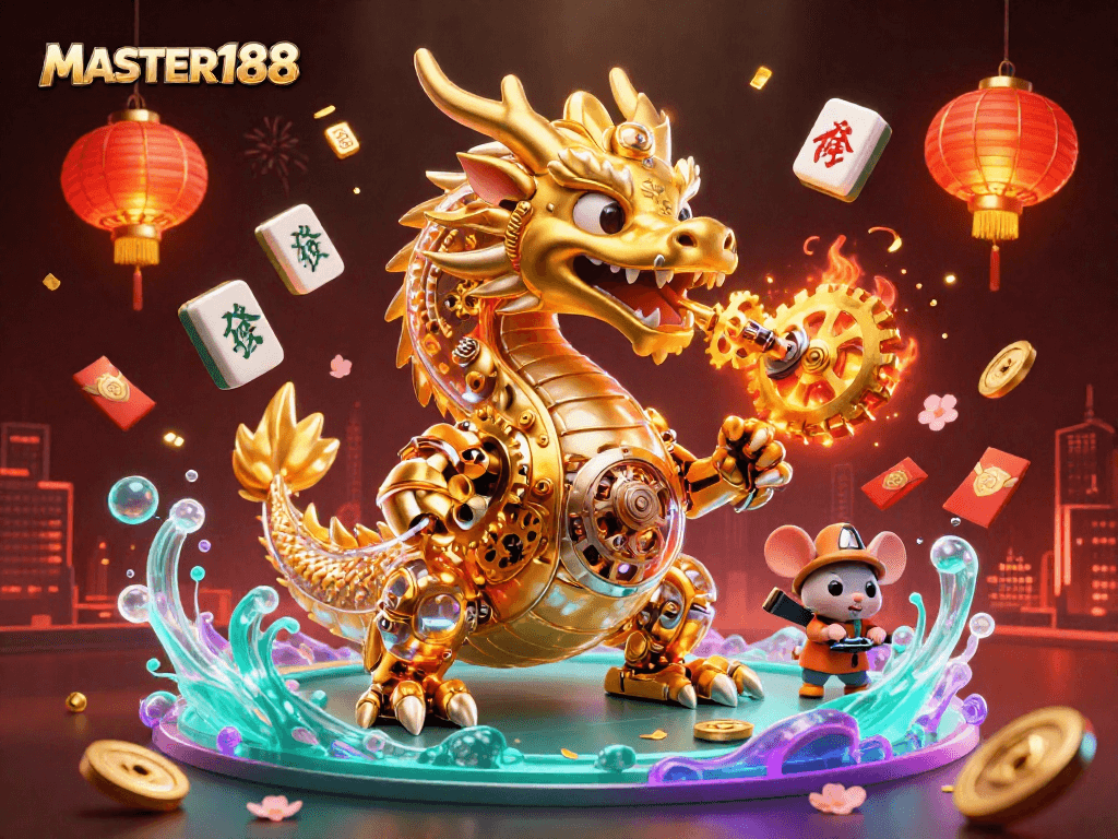 Experience thrilling gameplay with MASTER188, showcasing a golden dragon amidst vibrant casino elements.