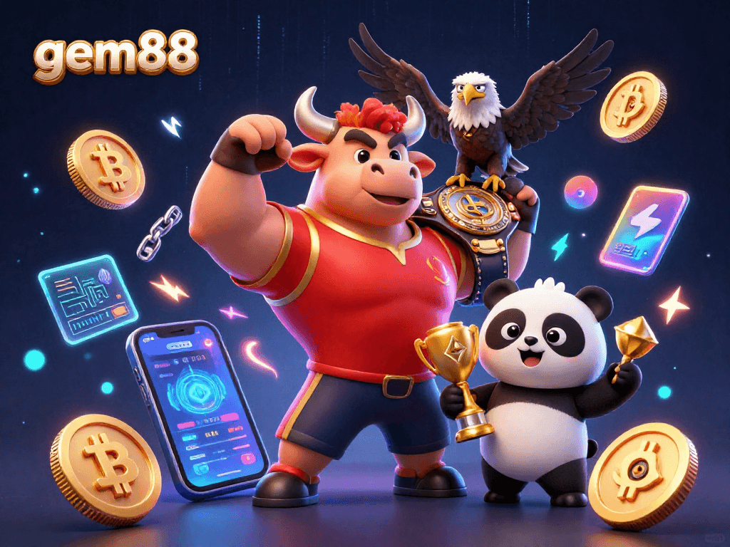 Experience big wins with gem88 as the energetic bull, eagle, and panda celebrate a vibrant crypto gaming scene.