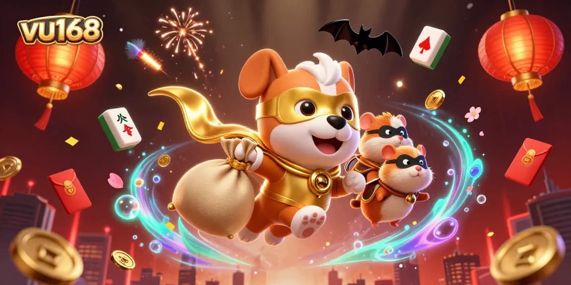 vu168's superhero dog and hamster celebrating with gold coins and festive elements in a vibrant casino scene.