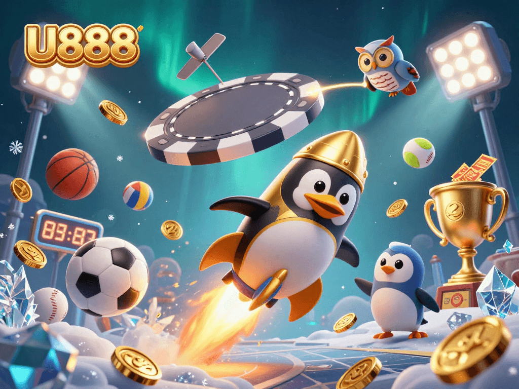 U888 offers thrilling action with a golden penguin exploring a casino space station in a colorful 3D scene.
