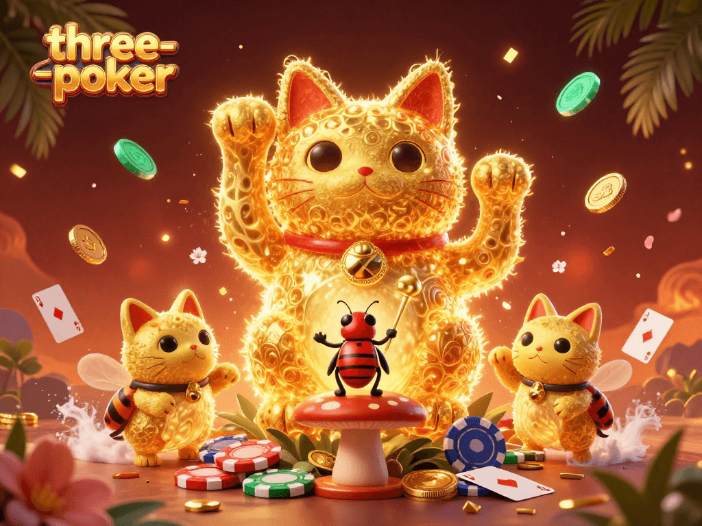 Experience three-card-poker thrills with golden fireflies and lucky cat in a vibrant casino scene.