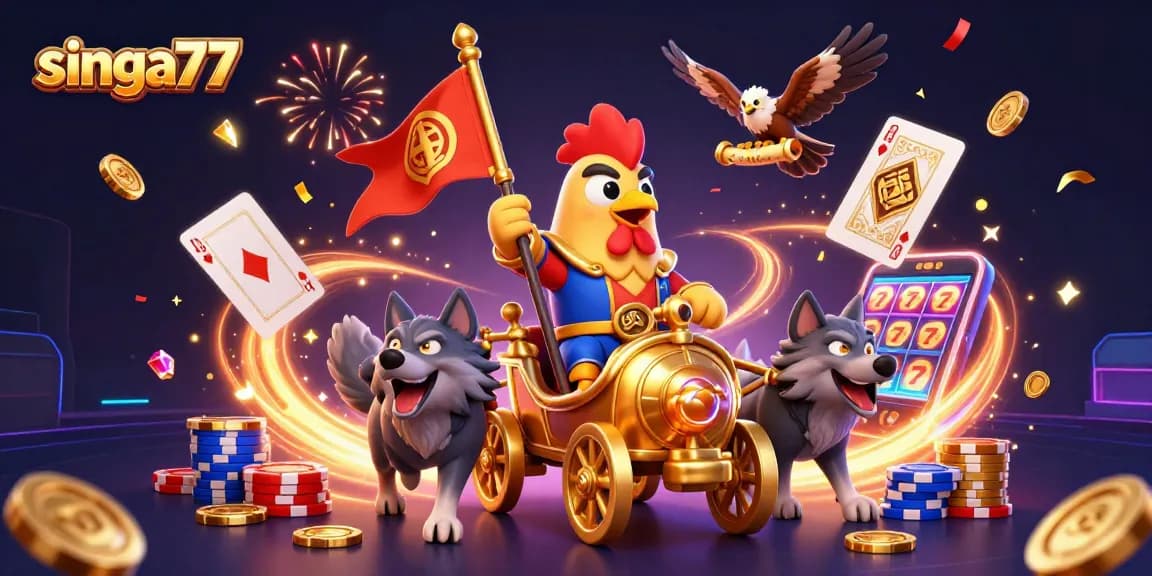 Experience singa77's thrilling adventure with a rooster warlord amidst golden coins and big wins.