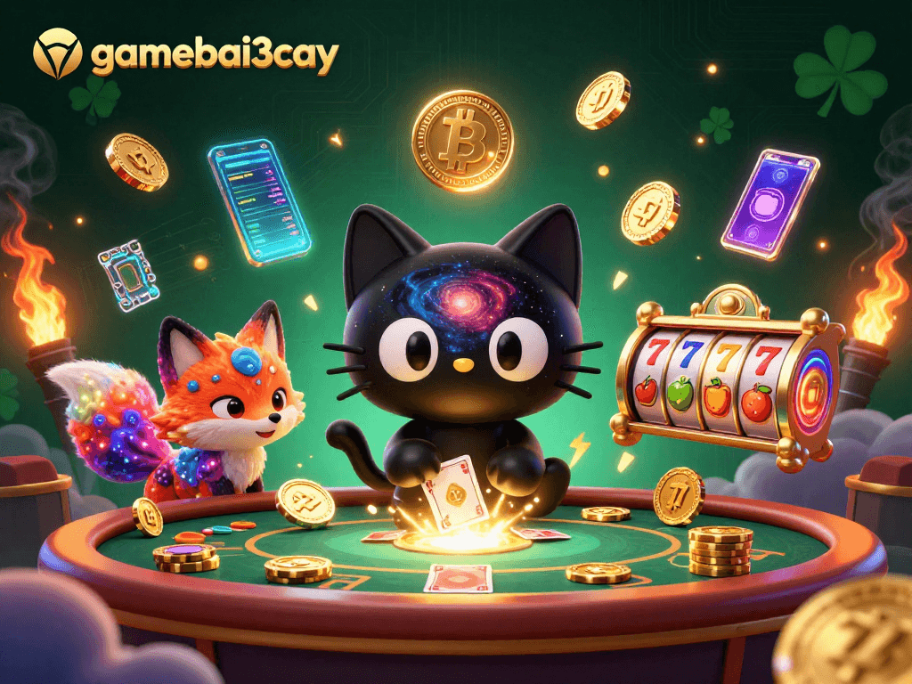 Engage in thrilling gameplay at gamebai3cay with the dynamic cosmic casino scene featuring surreal characters.