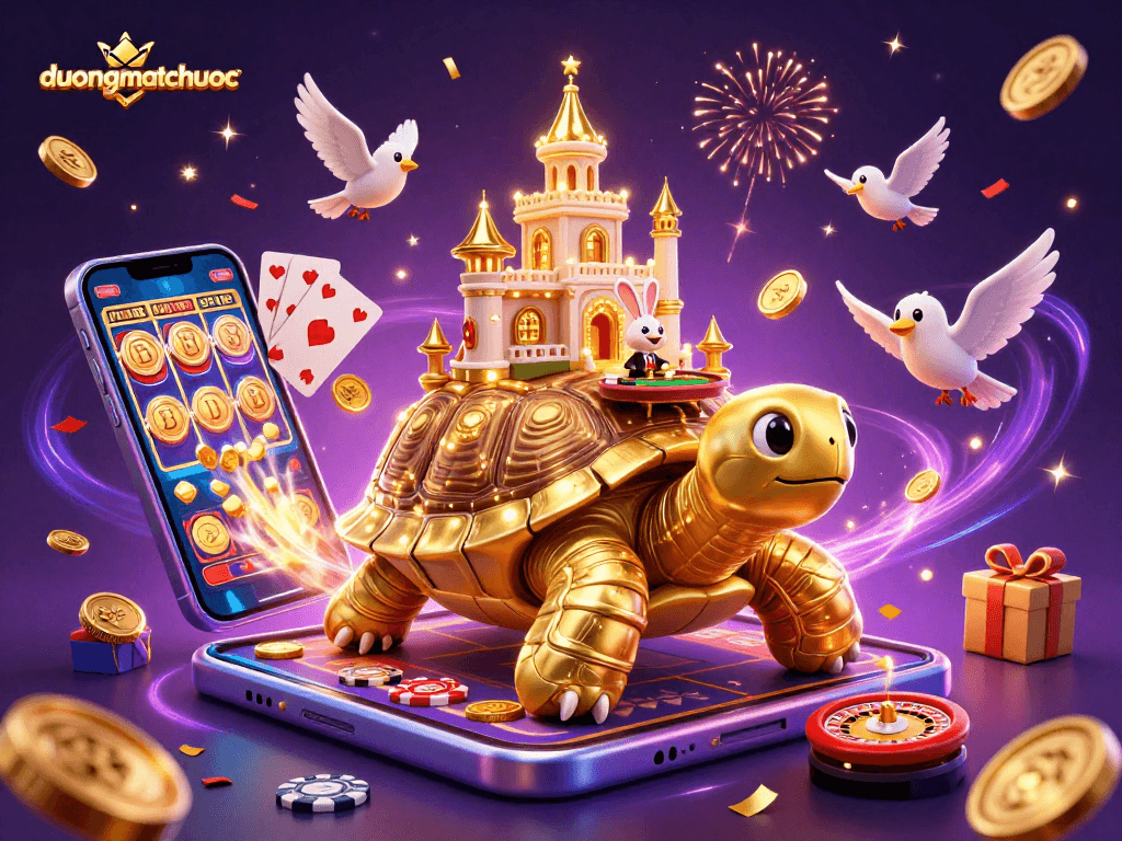 Experience the excitement of duongmatchuoc with a vibrant scene of a golden tortoise casino and a rabbit dealer.
