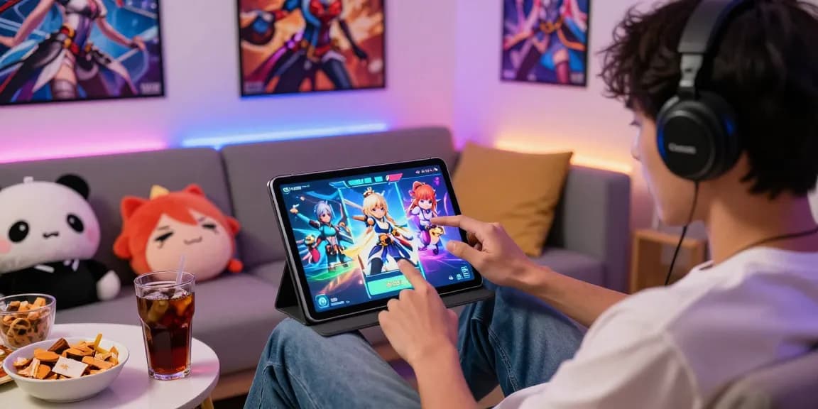 Engaging gacha168 gaming scene with player summoning characters on tablet in cozy living room.