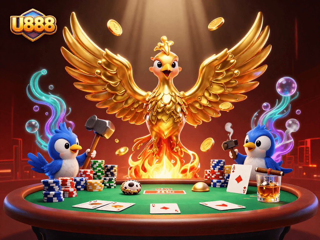 Experience thrilling sports betting with U888's golden phoenix and poker scene bursting with energy.