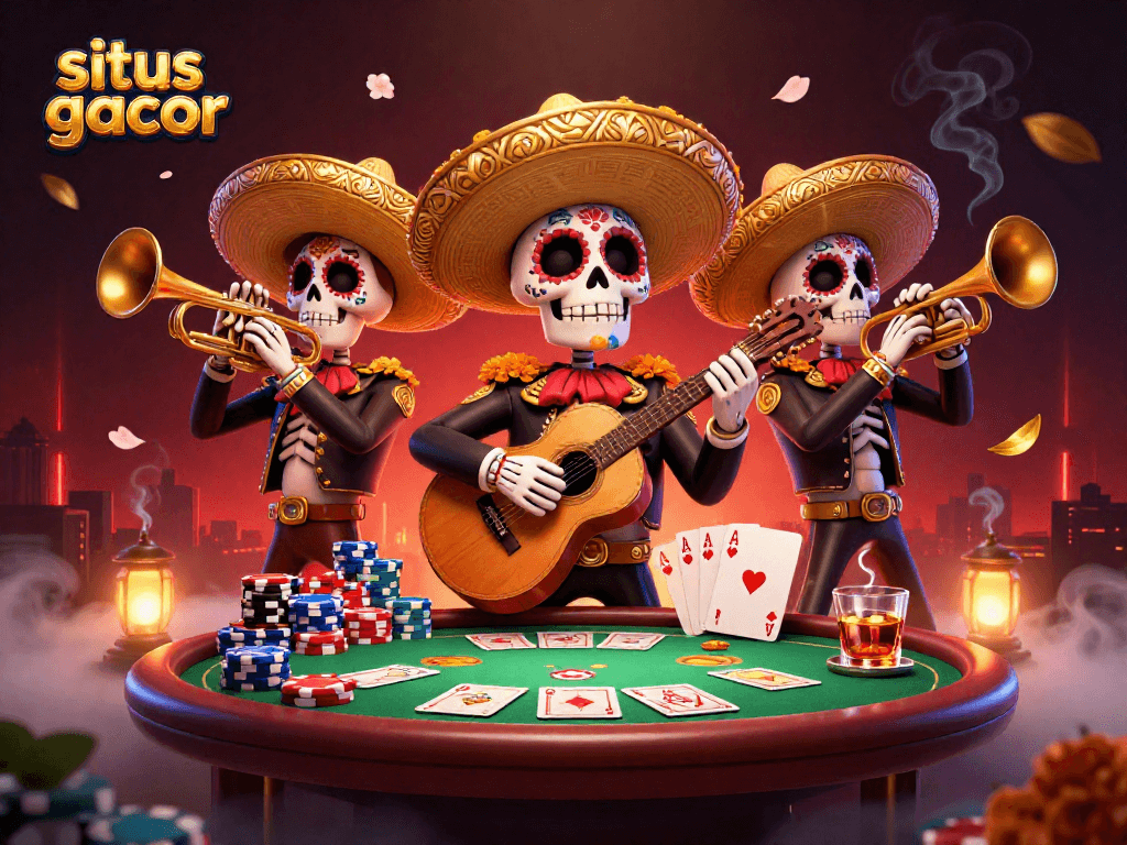 Menangkan permainan di situs gacor dengan karakter kartun Mariachi yang meriah dan elemen kasino.