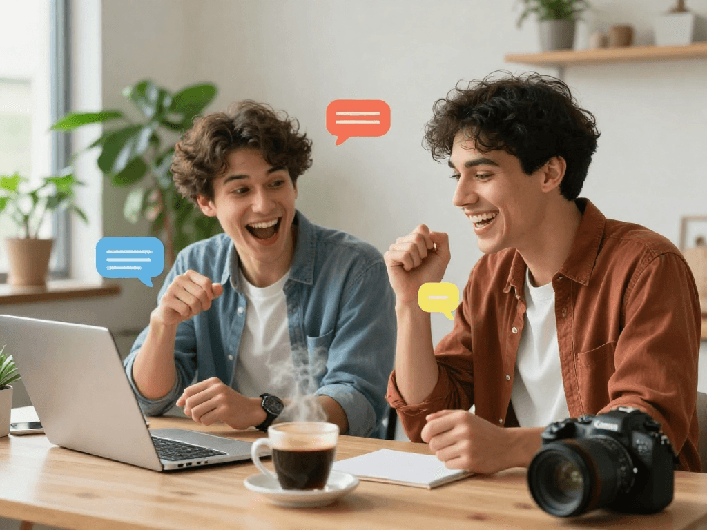 Engaging spicy chat between two users in a cozy home-office setting.