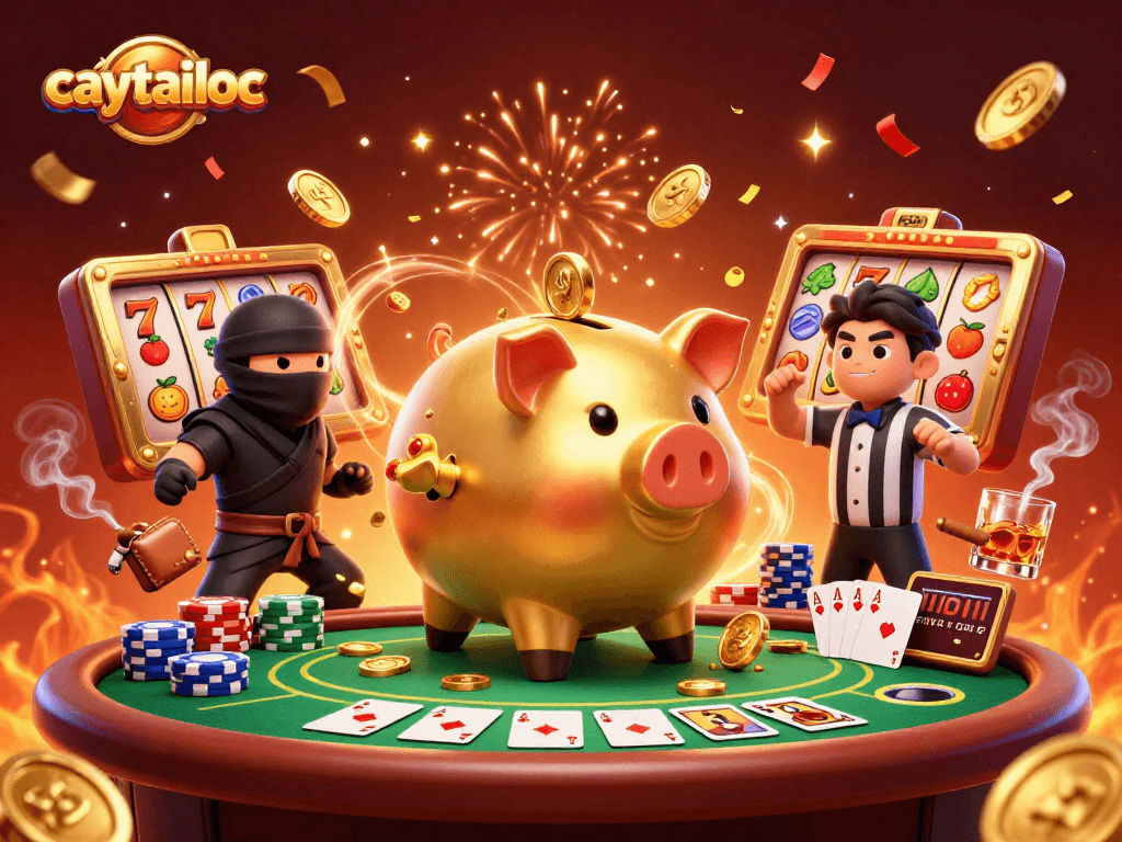 Experience big wins with caytailoc: a golden piggy bank warrior and colorful slots creating excitement.