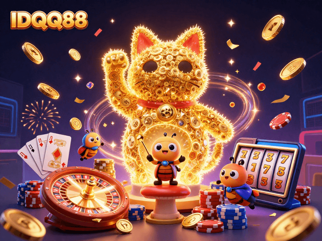 Experience IDQQ88 with a vibrant 3D illustration showcasing a lucky cat amidst casino excitement.