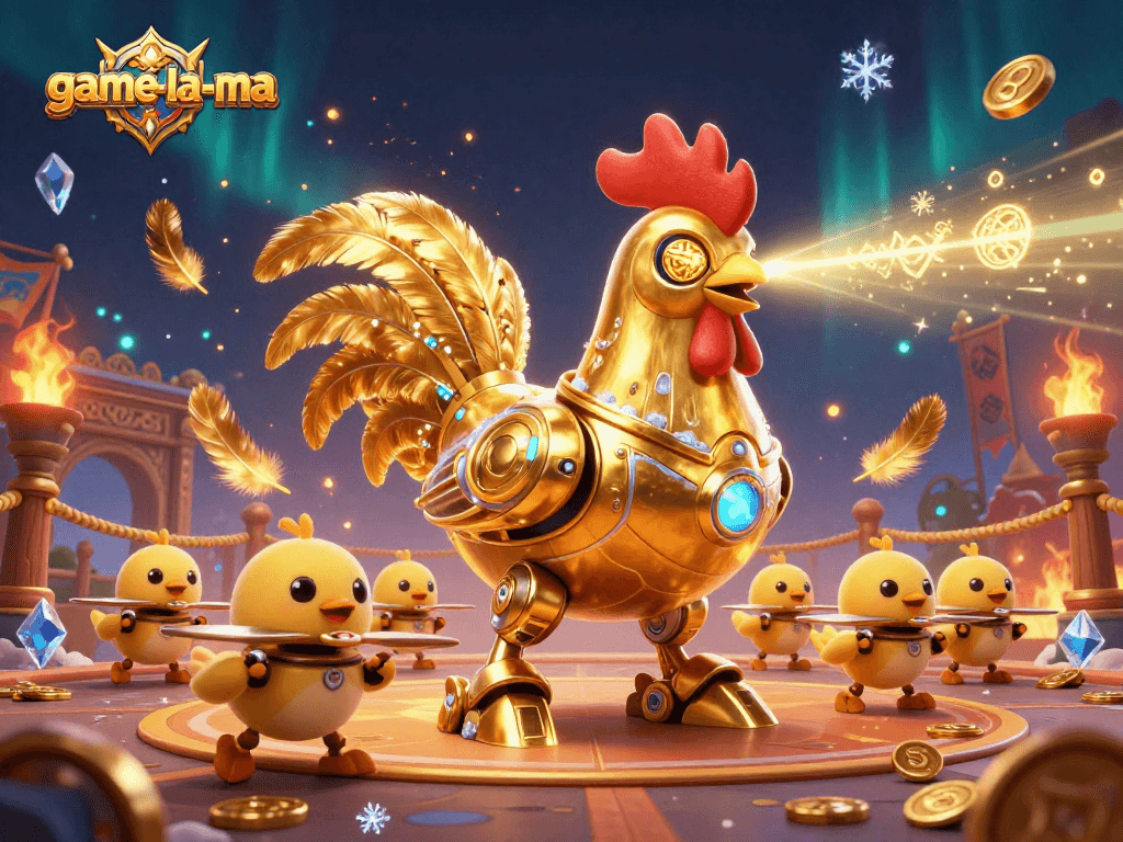 game-la-ma showcases a golden rooster robot in a rich casino battleground filled with gold coins and vibrant energy