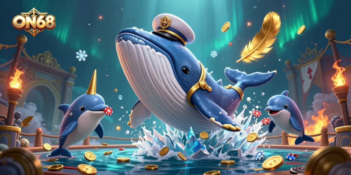 Experience the excitement of ON68 with a playful scene of a cartoon whale, narwhal, and dolphins celebrating casino winnings.