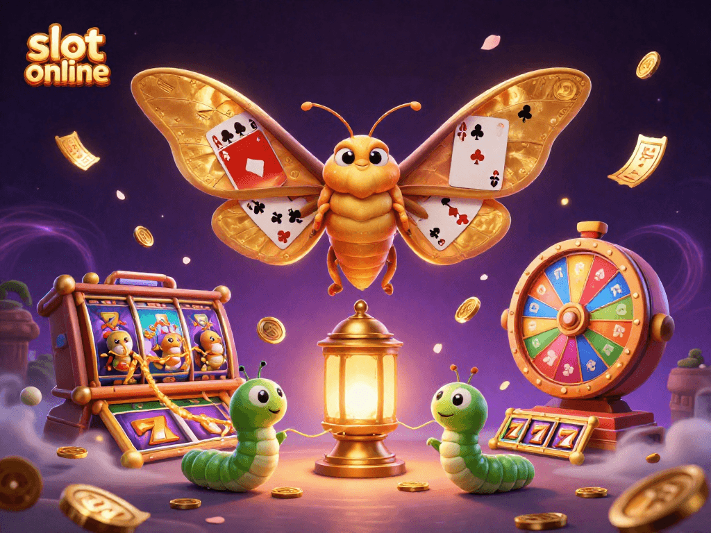Menangkan slot online dengan ilustrasi ratu ngengat emas berlapis yang dikelilingi elemen kasino yang kaya.