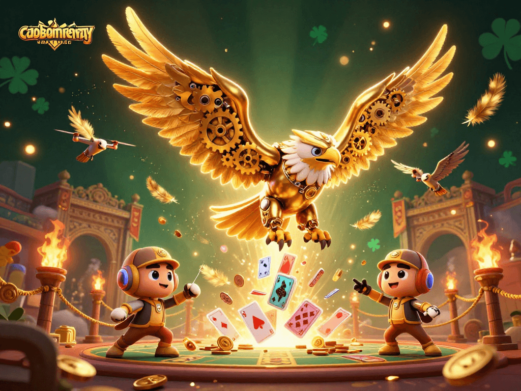 Engage with caoboimientay while diving through vibrant holographic cards alongside a cybernetic eagle.