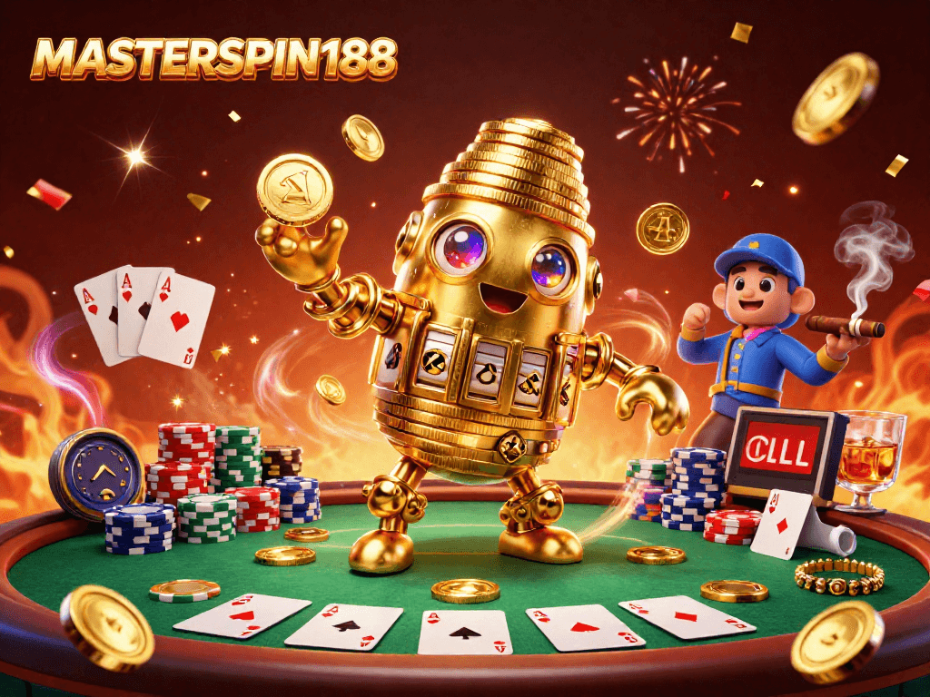 Create a winning strategy with MASTERSPIN188's vibrant casino illustration featuring dynamic poker elements and a golden golem.