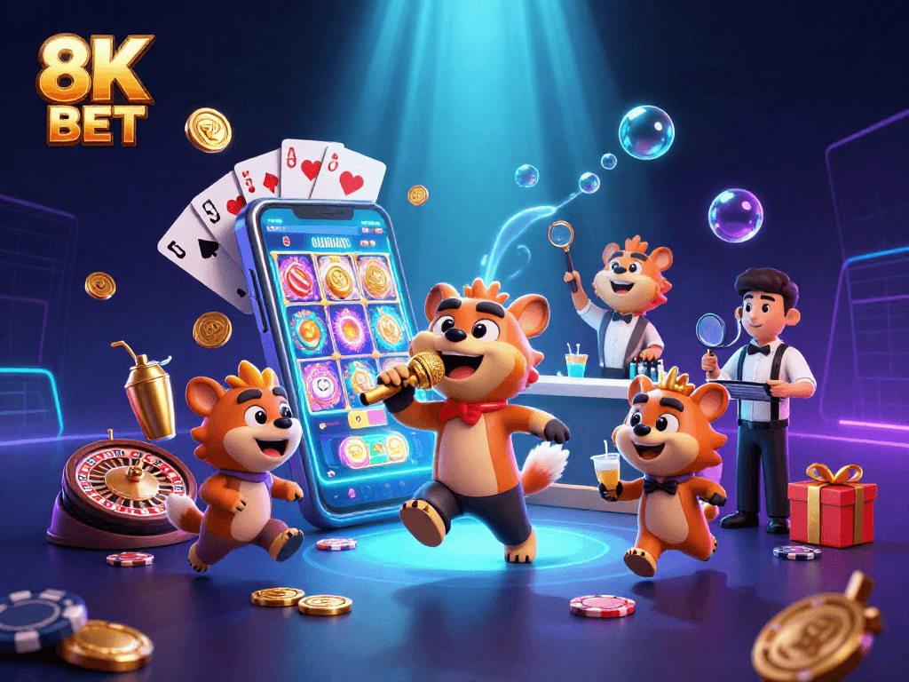 Experience the vibrant 8K BET casino scene with hyenas enjoying gaming thrills and laughter.