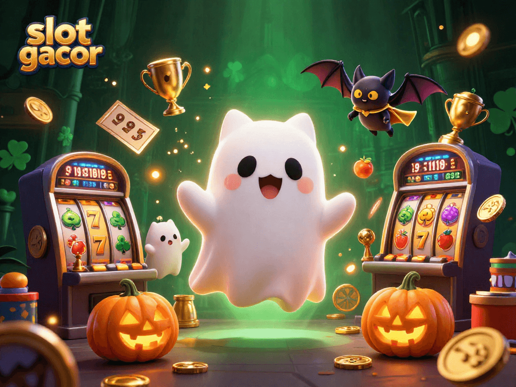 Slot gacor mengundang bertema kasino dengan kucing hantu ceria dan elemen jackpot.