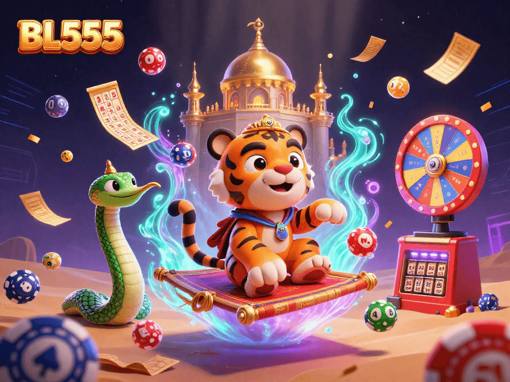 Experience the excitement of gambling with BL555 in a vibrant 3D casino scene featuring dynamic characters and elements.
