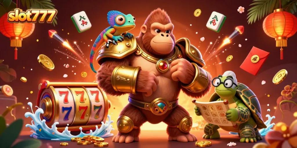 Win big with slot777 in this vibrant, colorful casino scene featuring exciting gaming elements.
