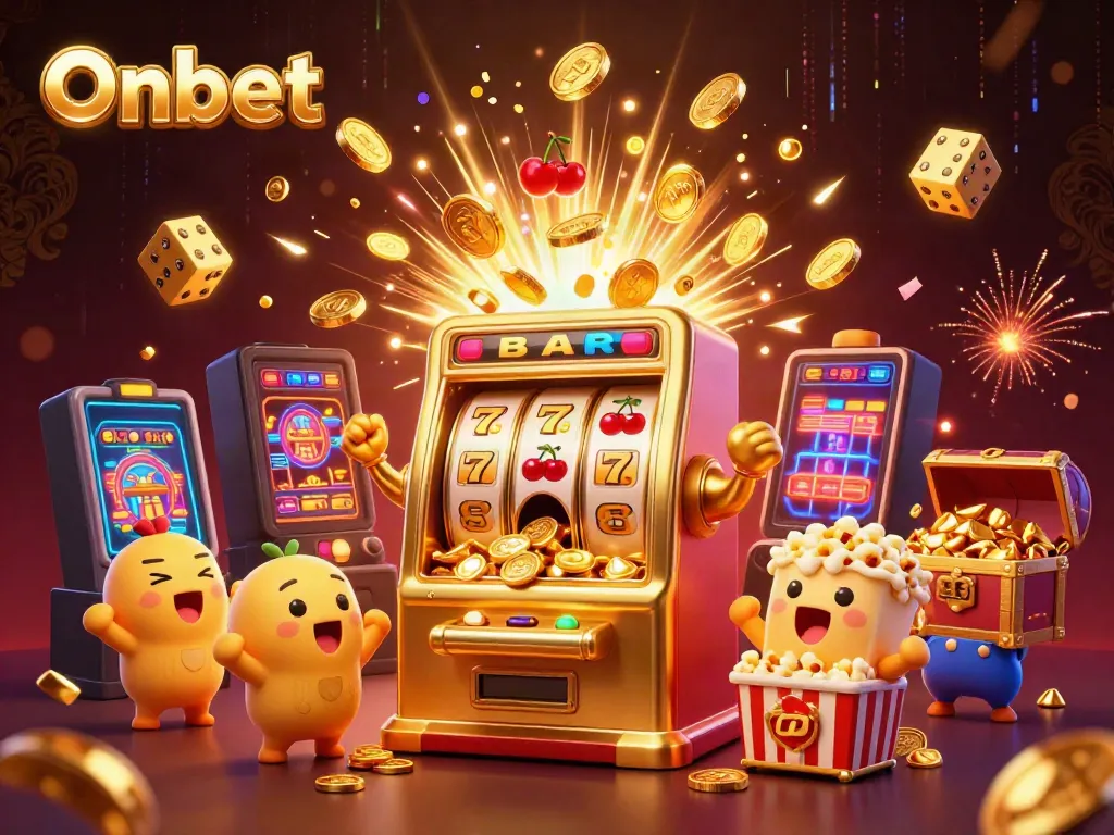 Onbet offers exciting winnings with vibrant slot machines and colorful casino action in this illustration.