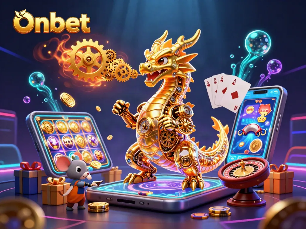 Engage with Onbet's vibrant gambling scene featuring a golden dragon and thrilling game elements.