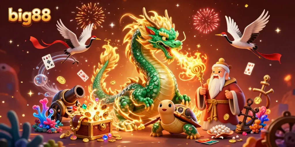 Experience thrilling games at big88 with a powerful dragon and mythical characters in this dynamic illustration.