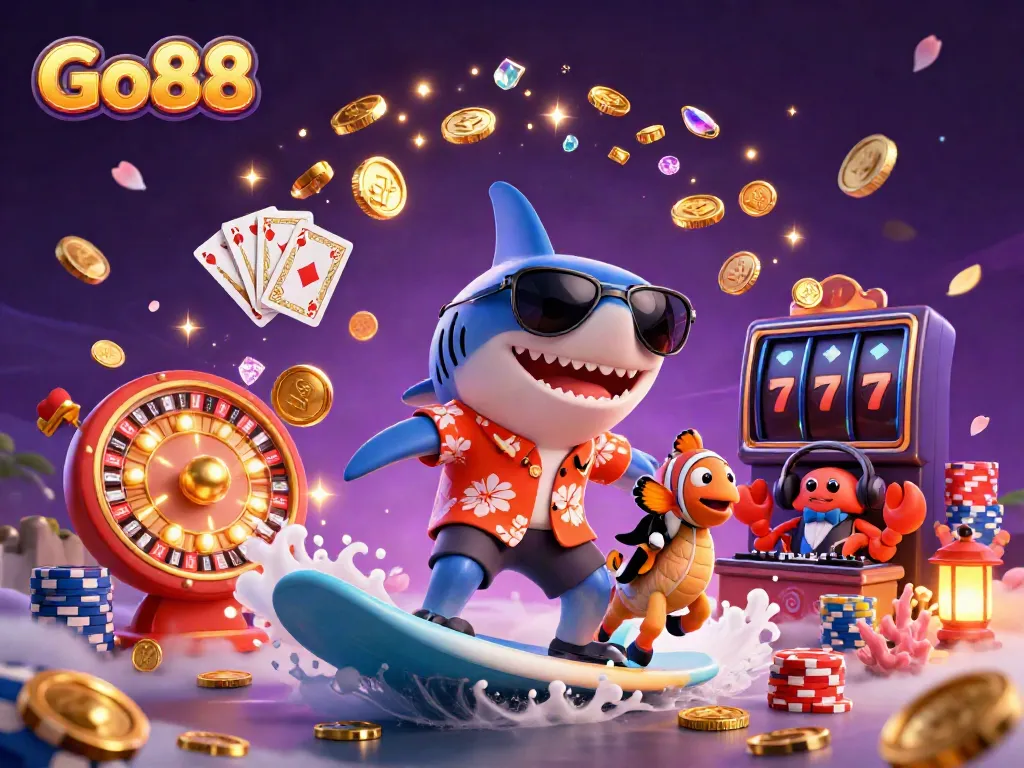 Experience thrilling gambling action with Go88 featuring vibrant characters and casino elements.