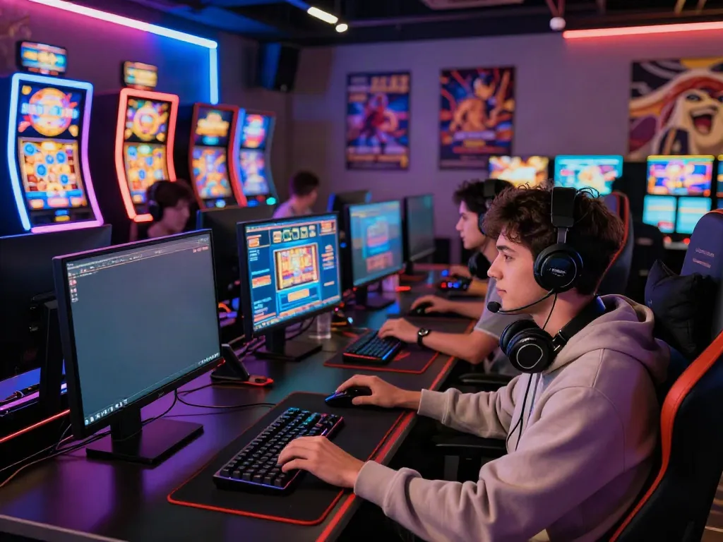 Dynamic gaming scene featuring players enjoying qqmacan's online casino experience in a vibrant setting.