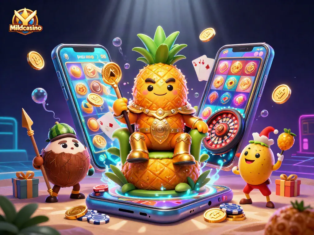 Join the adventure at Mildcasino with the golden pineapple king and vibrant gaming elements.