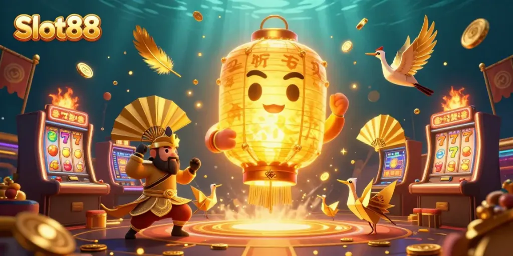 Spin the Slot88 reels in a vibrant casino scene filled with golden lantern spirits and lucky symbols.
