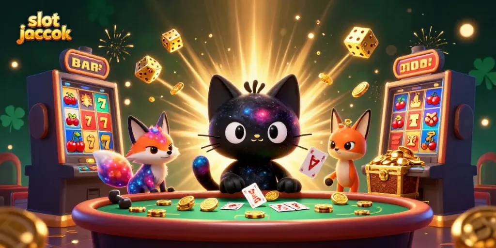 Genggam slot jackpot dengan kucing hitam berbentuk lubang dan rubah nebula di kasino kosmik.