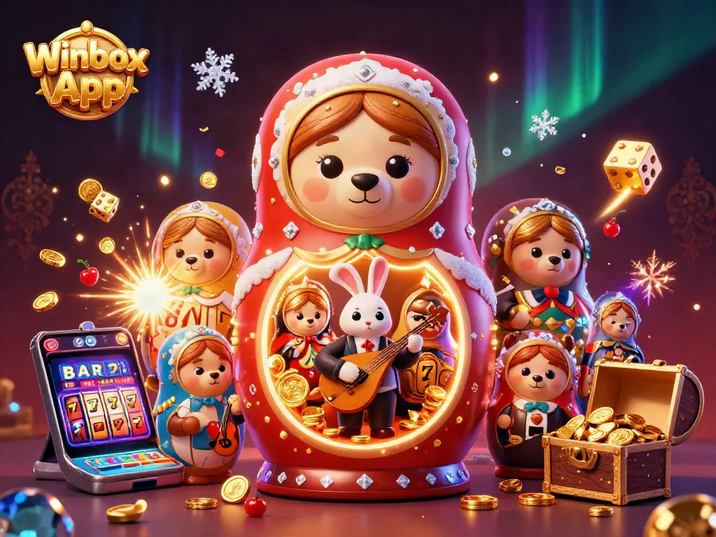 Winbox App showcases an exciting 3D illustration of casino elements and characters celebrating jackpots.