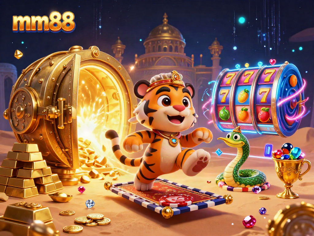 Spin the reels with mm88’s vibrant casino-themed 3D art showcasing luck and treasure.