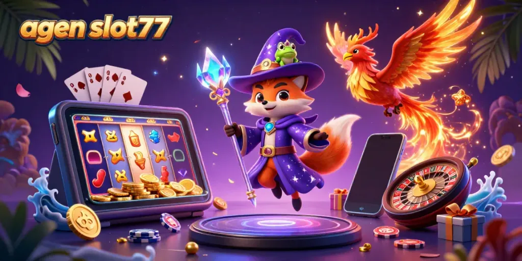 Spin to win at agen slot777 with a magical 3D scene featuring a wizard fox, phoenix, and enchanted frog.