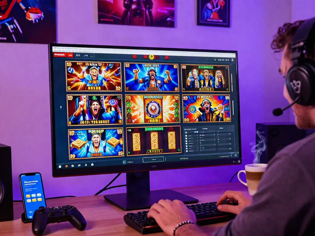 Excited player celebrating a win in an online slot game environment with colorful gaming interfaces.