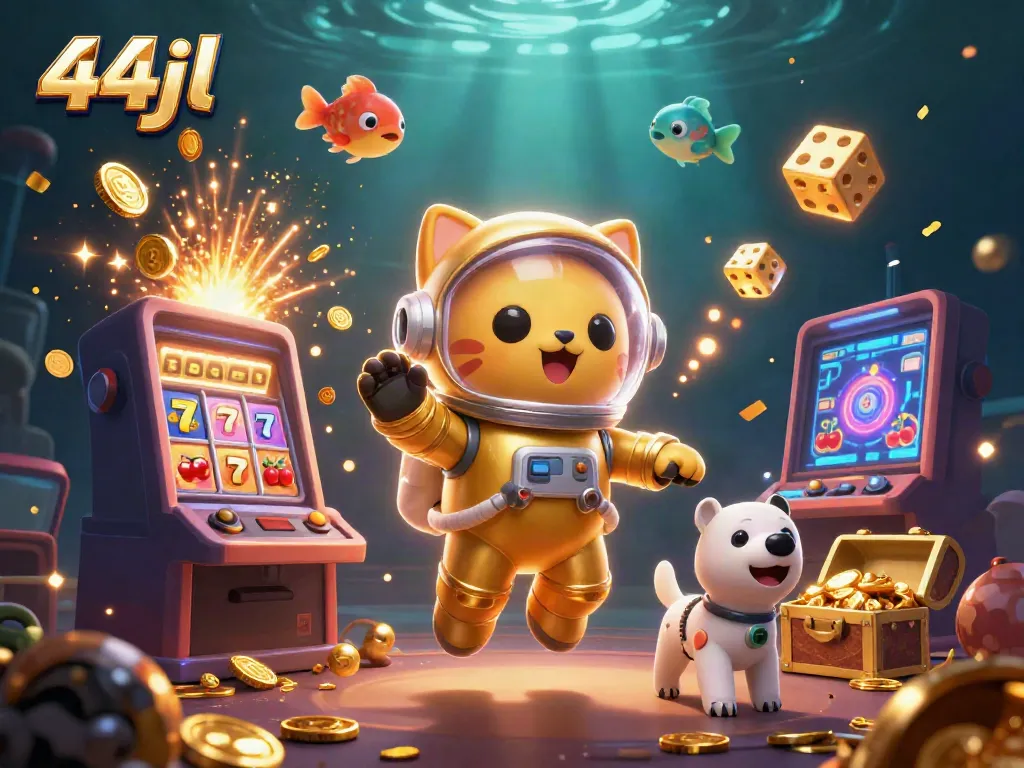 Engage with 44jl's thrilling jackpot world featuring a space cat and robot in a vibrant casino.