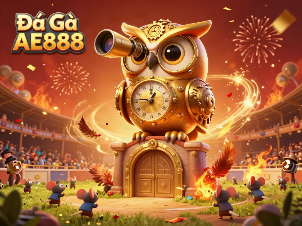 Experience the lively cockfighting scene of Đá Gà AE888 with the centerpiece golden owl monitoring the action amidst celebration.