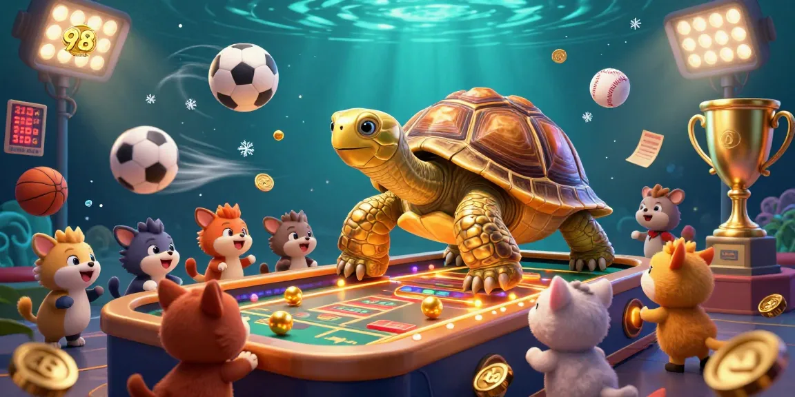 Experience excitement with 98win com gaming as a colossal tortoise features a pinball machine in a vibrant casino scene.