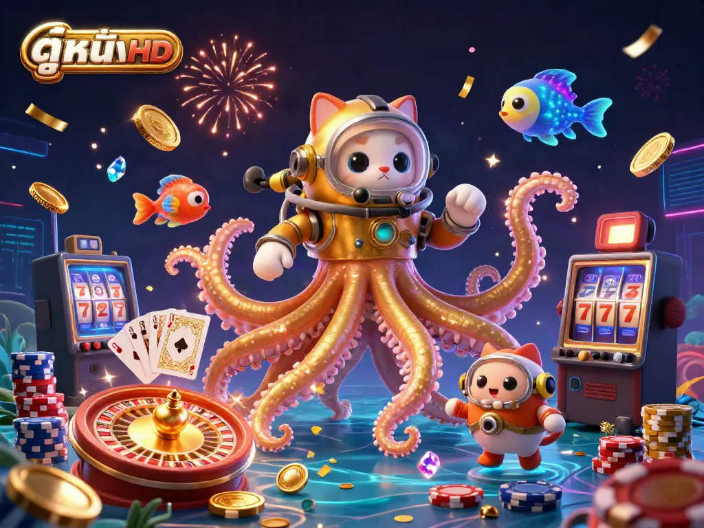 Experience excitement with ดูหนังHD as a playful kraken and diving cat celebrate in a captivating underwater scene.