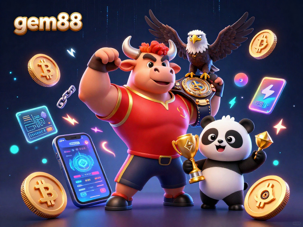 Experience big wins with gem88 as the energetic bull, eagle, and panda celebrate a vibrant crypto gaming scene.