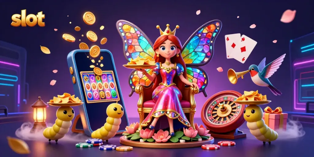Engage in enchanting slots with a colorful butterfly queen and dynamic casino elements in this vibrant scene.