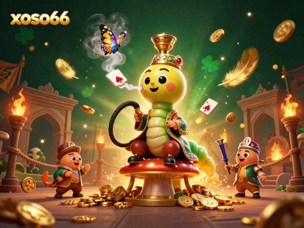 Xoso66 showcases a vibrant casino scene with a caterpillar hookah-master and poker elements.