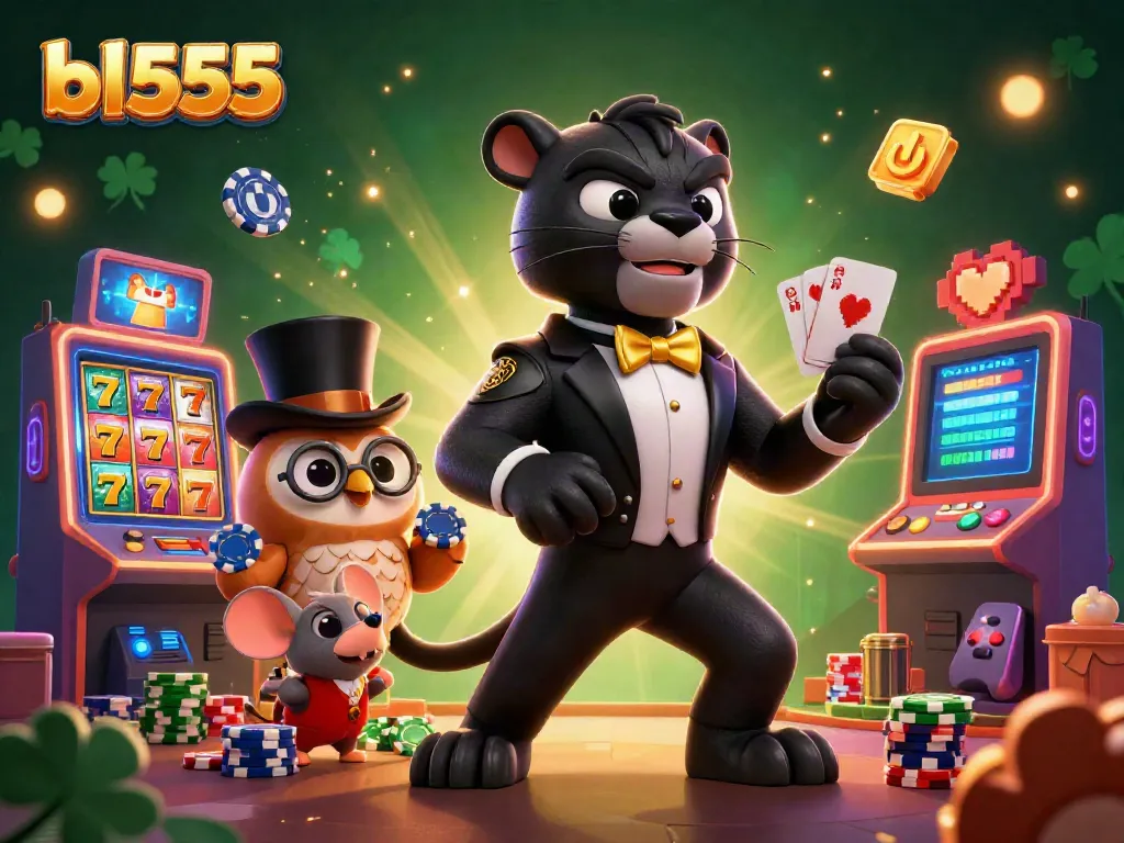 Catch the excitement at bl555 with cartoon characters enjoying a vibrant casino scene, featuring colorful slot machines and poker action.